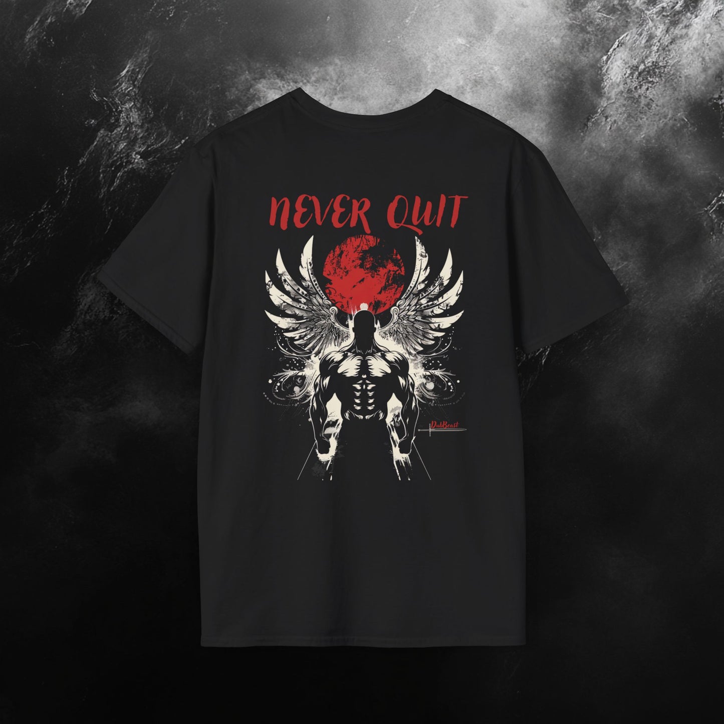 back side of a black t-shirt featuring a muscular winged figure with a red moon background and the phrase 'Never Quit' in bold red text, complemented by the DubBeast logo