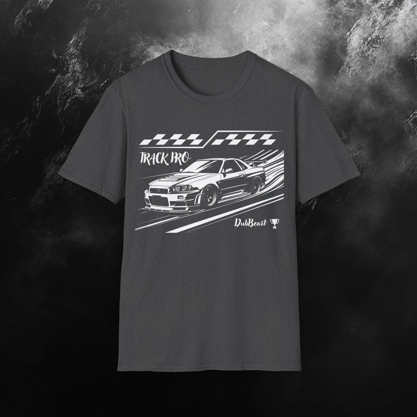 Grey t-shirt featuring a detailed graphic of a classic race car with checkered flag details and the phrase 'Track Pro' in bold text
