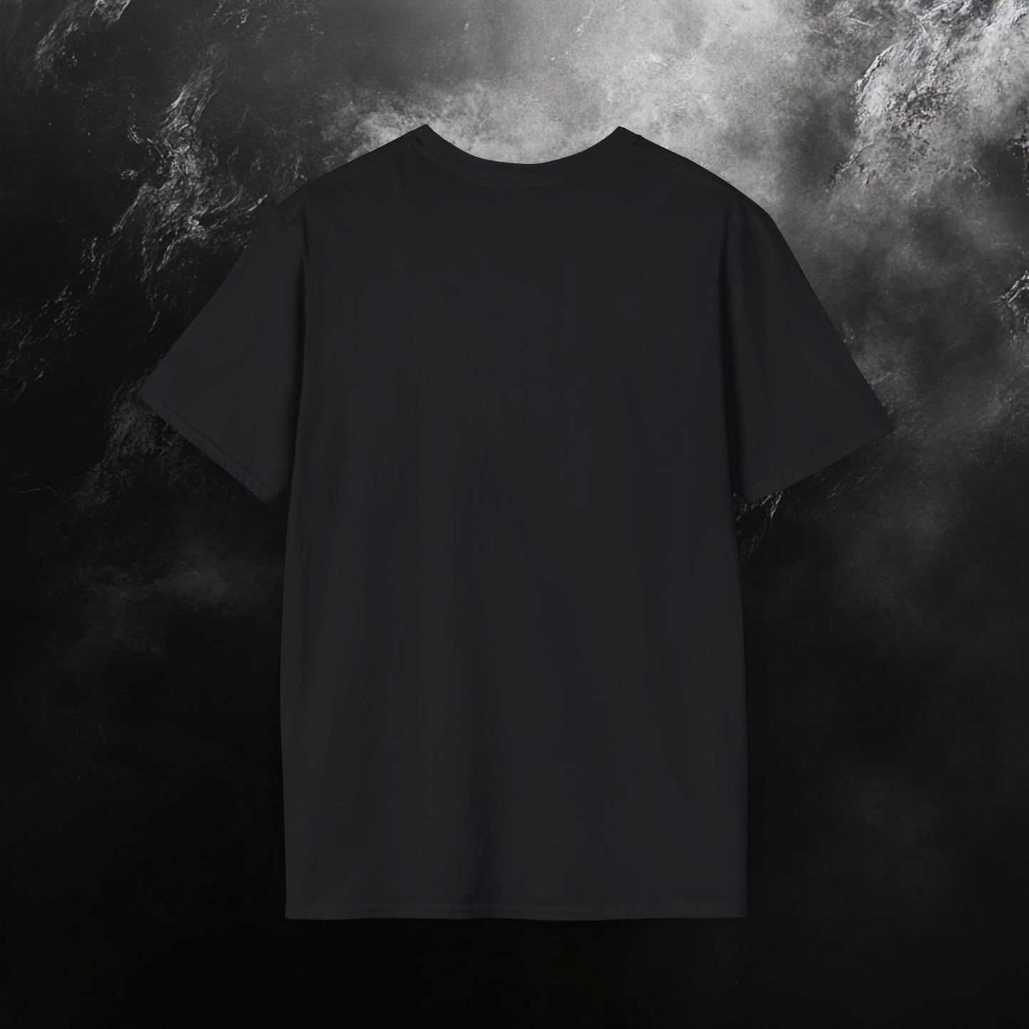 front side of a black t-shirt with a classic car graphic under a full moon, surrounded by trees and the phrase 'Journey of a Thousand Miles