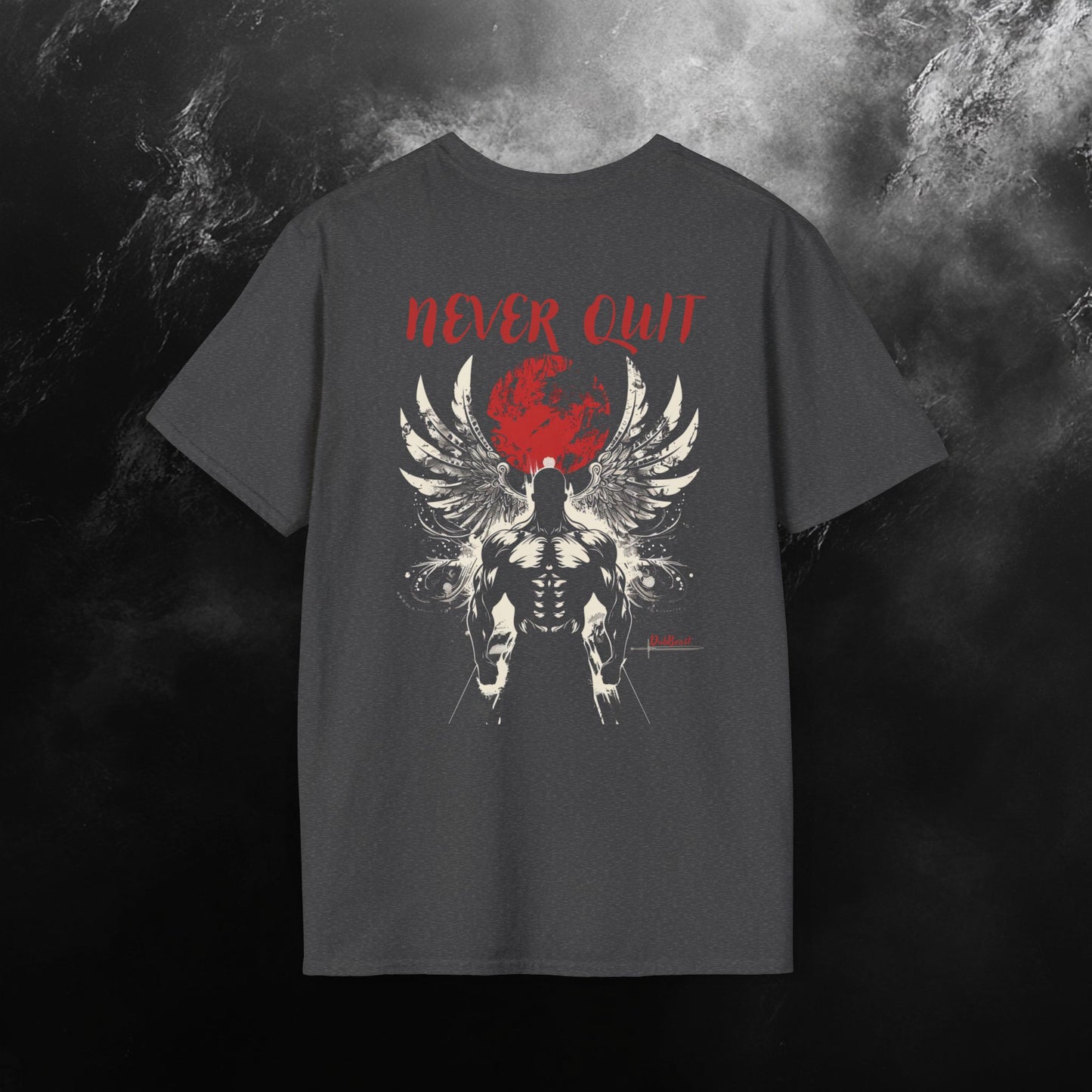 back side of a grey t-shirt featuring a muscular winged figure with a red moon background and the phrase 'Never Quit' in bold red text, complemented by the DubBeast logo