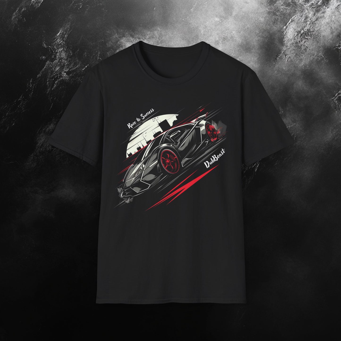 front side of a Black t-shirt featuring a sleek supercar design with red accents, the phrase 'Race to Success,' and the DubBeast logo, set against a dynamic urban skyline