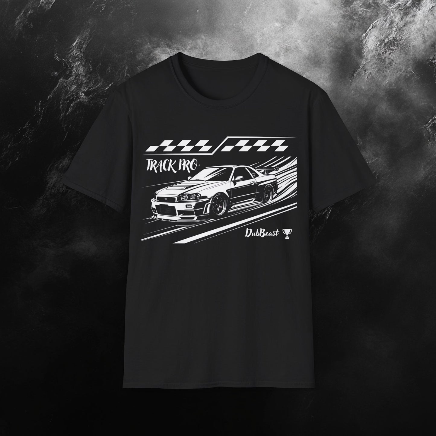Black t-shirt featuring a detailed graphic of a classic race car with checkered flag details and the phrase 'Track Pro' in bold text