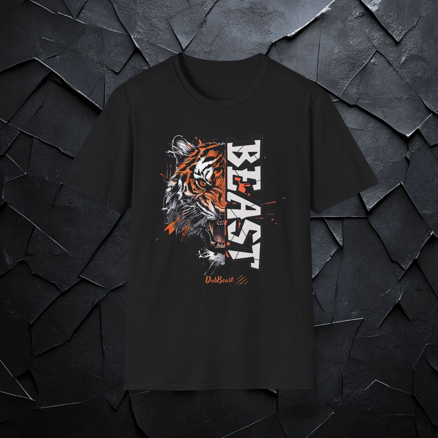 Black t-shirt featuring a fierce tiger graphic with bold orange accents and the word 'BEAST' in large vertical block text, complemented by the DubBeast logo at the bottom