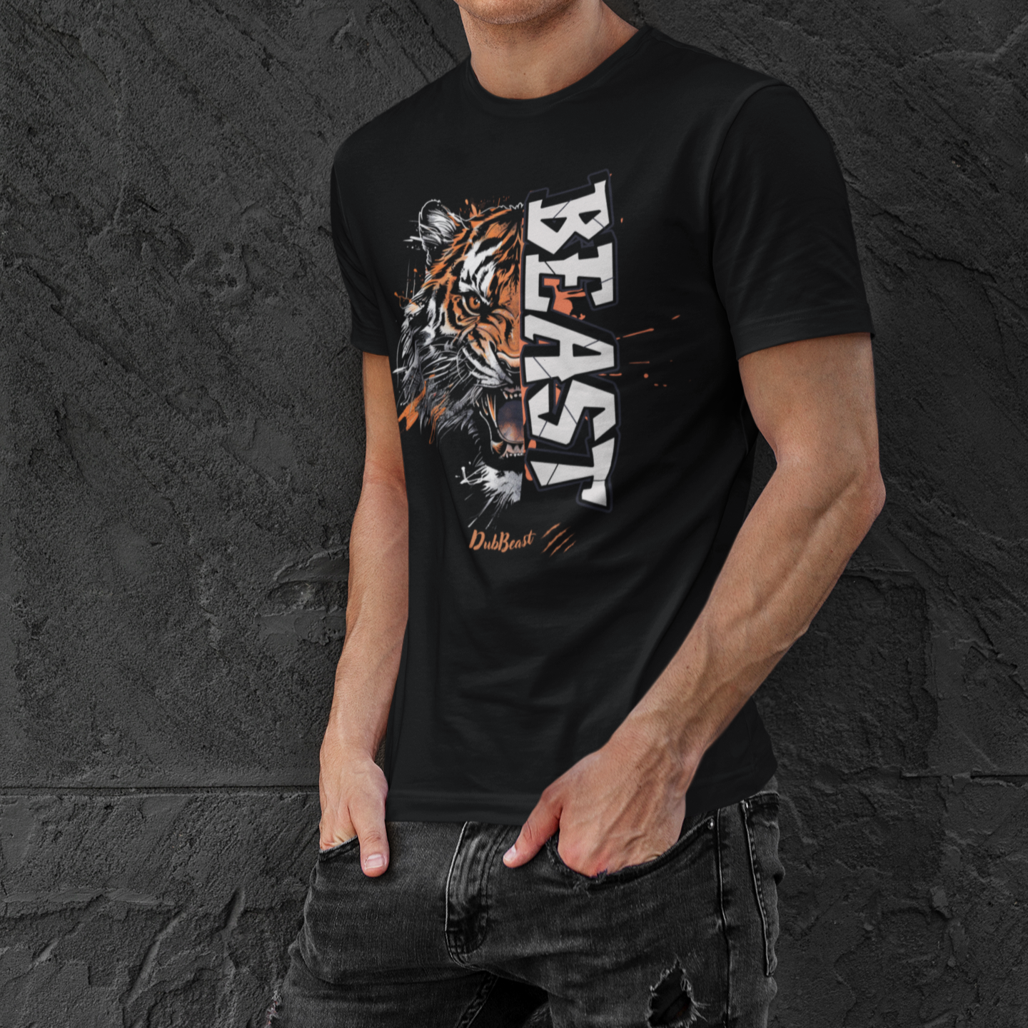resilient man wearing a black t-shirt featuring a fierce tiger graphic with bold orange accents and the word 'BEAST' in large vertical block text, complemented by the DubBeast logo at the bottom