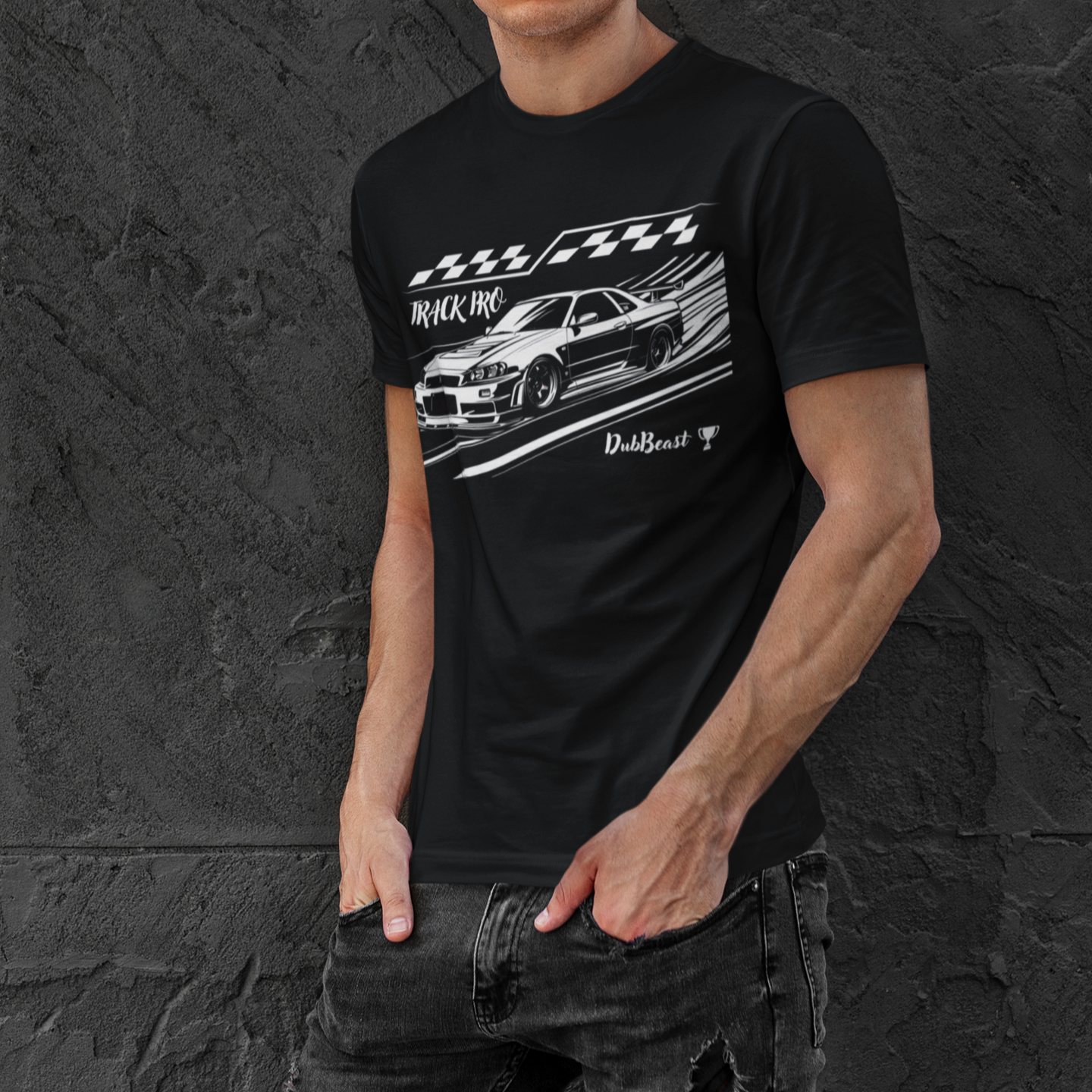 man with a black t-shirt featuring a detailed graphic of a classic race car with checkered flag details and the phrase 'Track Pro' in bold text