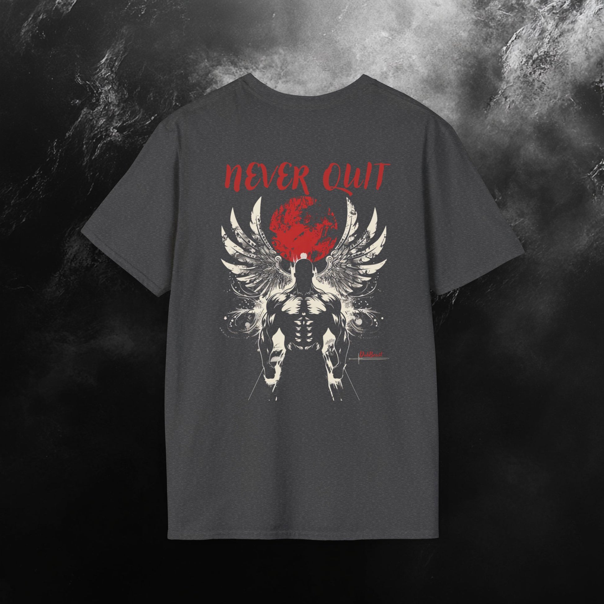 back side of a grey t-shirt featuring a muscular winged figure with a red moon background and the phrase 'Never Quit' in bold red text, complemented by the DubBeast logo